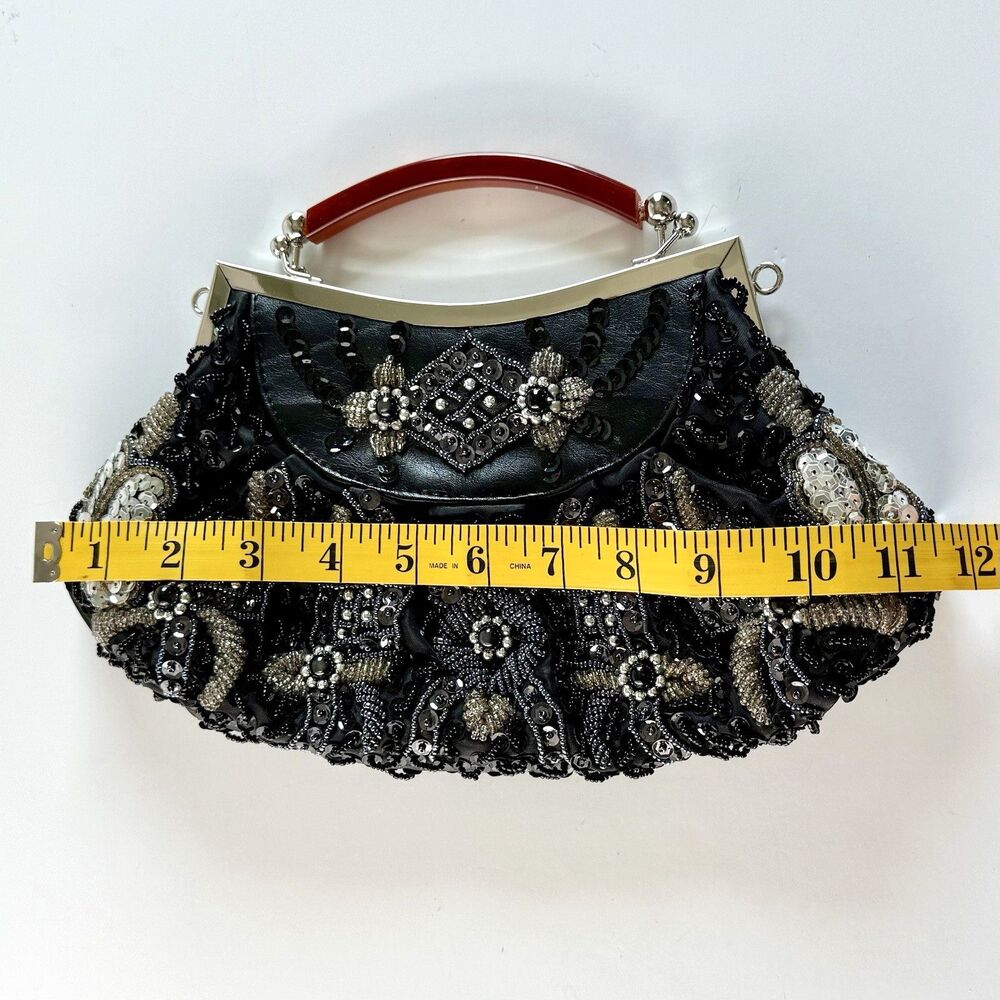 LEXI Int'l Black Satin Sequin Beaded Tortoise Handled Evening Clutch Purse Retro - Picture 11 of 13